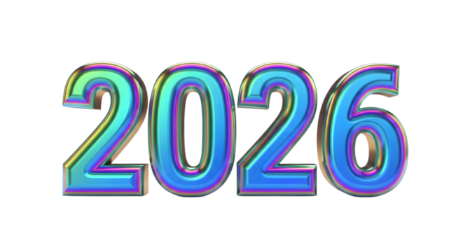 Iridescent 2026 new year isolated on transparent background