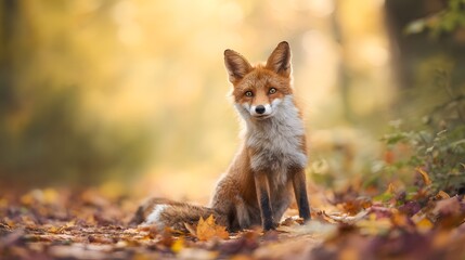 Obraz premium Charming fox portrait autumn leaves glow golden hour wildlife photography serene forest scene natural beauty