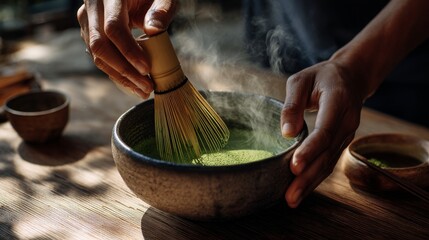 A barista preparing traditional matcha drink in a modern coffee shop. 