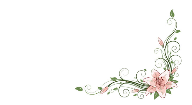 Elegant corner decoration with light pink lily flower and green vines and leaves, a decorative floral design for invitations and greeting cards.