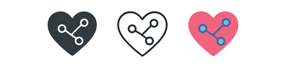 ai healthcare icons three heart icons with small node network overlay one flat solid monochrome one thin black outline black and white one full color flat icon pink and blue