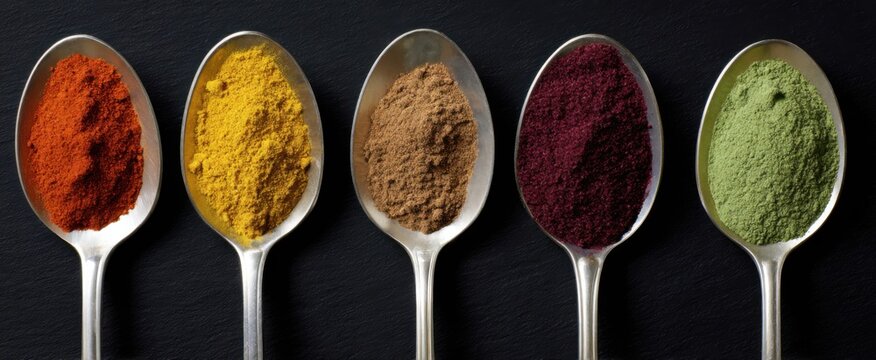 Metal spoons brimming with vibrant ground spices in various hues.