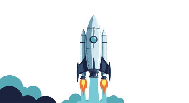 Illustration of a rocket launching, leaving a trail of smoke and flames, against a white background, depicting concepts of business and technology.