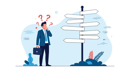 Confused businessman standing in front of a signpost with multiple direction signs, questioning his choice and future path forward.
