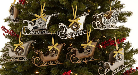 Elegant christmas tree with ornate silver sleigh ornaments and red berries