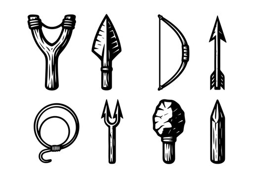 Retro woodcut style primitive weapons set featuring arrows and slingshot