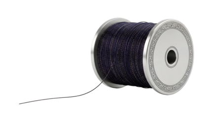 Spool of dark thread with silver edges isolated on transparent background
