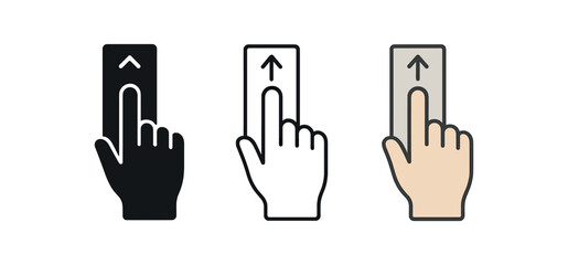 Fototapeta premium scroll icons three hand icons sliding over tall rectangle with tiny arrows up and down one flat solid monochrome one thin black outline black and white one full color flat icon ui neutral