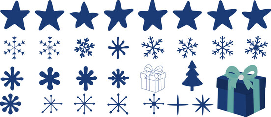 Christmas and New Year festive elements set with stars snowflakes gifts and holiday icons for seasonal decoration and design