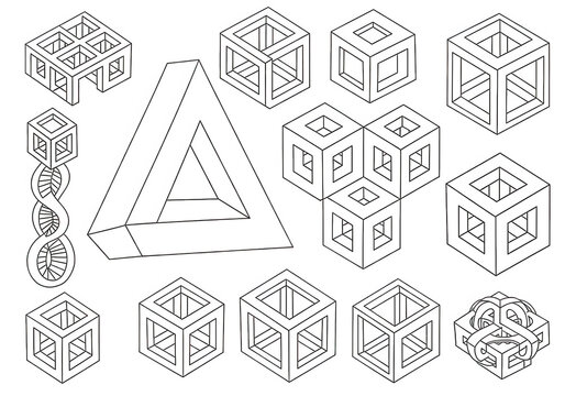 Collection of impossible geometric shapes isolated on transparent background