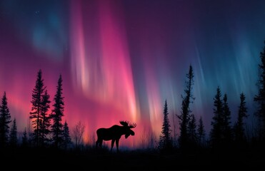 Fototapeta premium Beautiful landscape at forest with aurora borealis and moose. 