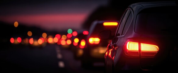a line of brake lights shining amid nighttime traffic jam