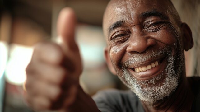A smiling man proudly gives a thumbs up, signifying his approval and happiness in the moment. This enthusiastic gesture from the man highlights his positive energy and uplifting sp