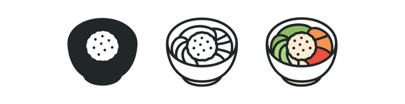 korean bibimbap icons three bowls with rice center and colorful topping segments one flat solid monochrome one thin black outline black and white one full color flat icon white green orange