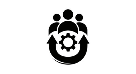 Teamwork and collaboration icon with gear and people silhouettes.