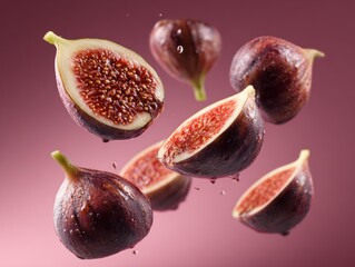 Fresh clean figs floating in air, exotic fruits in red and violet color palette
