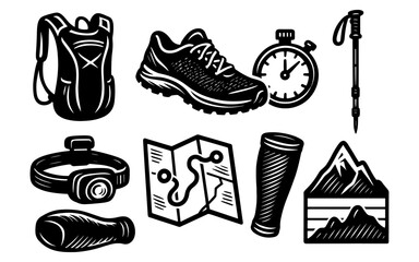 Obraz premium Outdoor adventure gear in vintage style featuring camping and hiking essentials