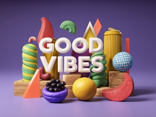multicolored funny expressive composition with bold and positive shapes and a text "GOOD VIBES"