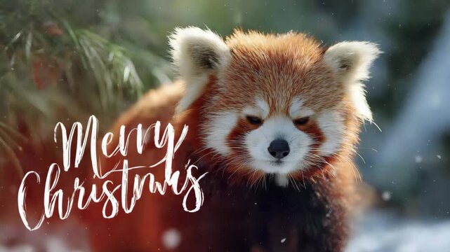 Adorable red panda in a snowy winter scene wishing Merry Christmas perfect for holiday greetings and festive designs