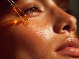 healthcare and cosmetics concept, a young asian woman, applaying special oil on her face