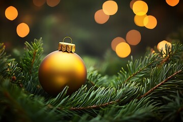 Golden Christmas ornament rests among lush green pine branches, illuminated by warm bokeh lights, evoking festive cheer and holiday spirit during the winter season.