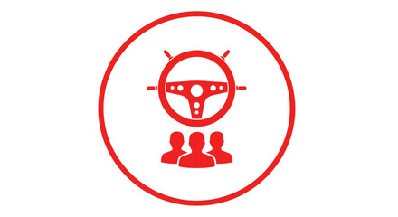 A red icon representing a steering wheel above three stylized human figures, symbolizing teamwork or shared driving.