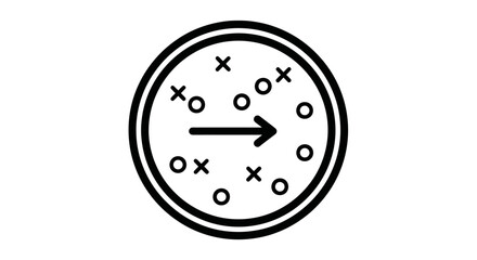 A black and white line art icon depicting a circular strategy board with 'x' and 'o' symbols and a central arrow indicating direction or progress.