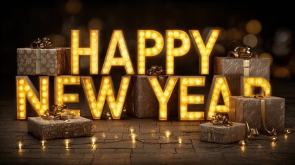 the Happy New Year inscription made of vintage yellow lamps surrounded by bright holiday gifts