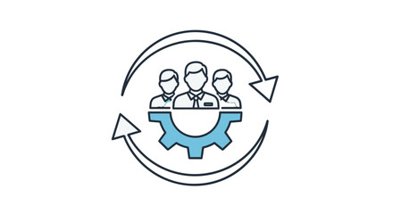 Icon representing teamwork, management, and business workflow with people and a gear.