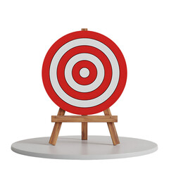 Red and white circular archery target with concentric rings displayed on a wooden easel isolated on transparent background