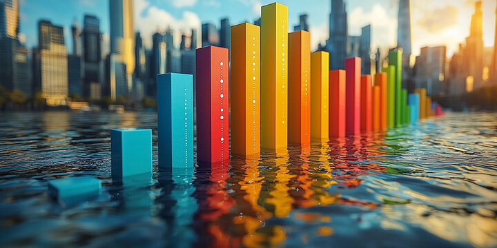 Colorful bar graph rising from water in a cityscape view Generative AI