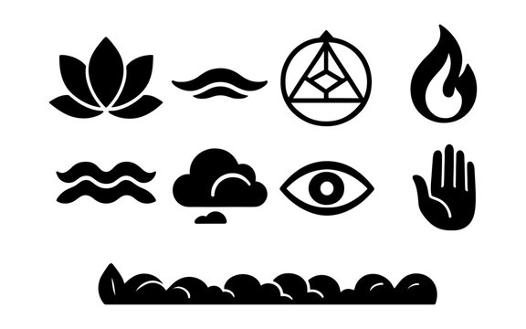 Minimalist symbol set featuring elements of nature and spirituality