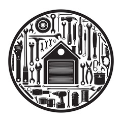 Obraz premium “Mechanical Tools Collection – Circular Toolbox Icon Artwork”