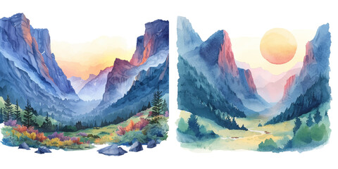 mountain valley at sunrise watercolor vector illustration © Dar