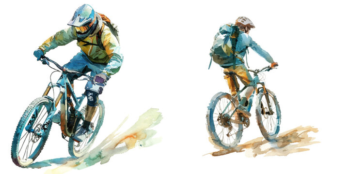mountain biking downhill watercolor vector illustration
