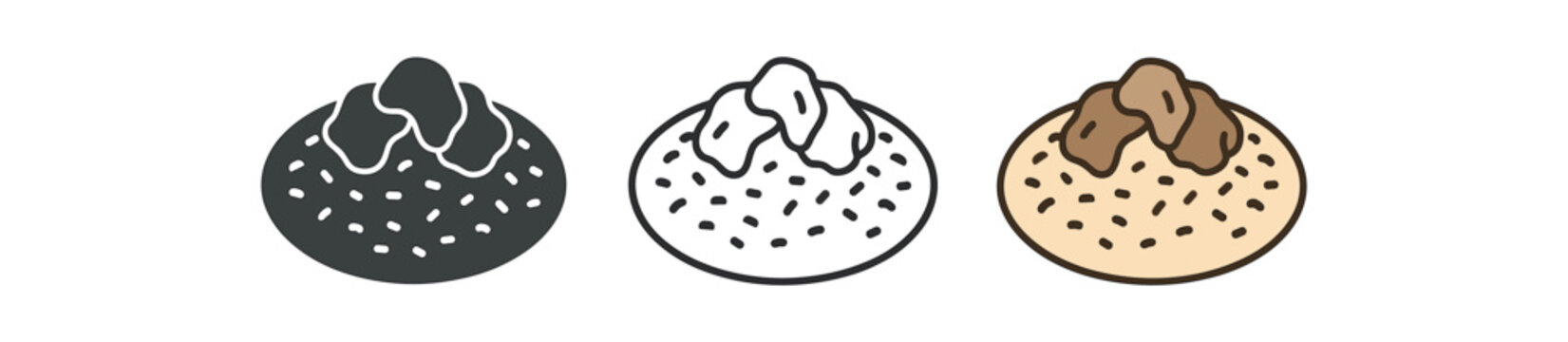 jordanian mansaf icons three plates with rice meat chunks and yogurt sauce blob one flat solid monochrome one thin black outline black and white one full color flat icon beige and brown