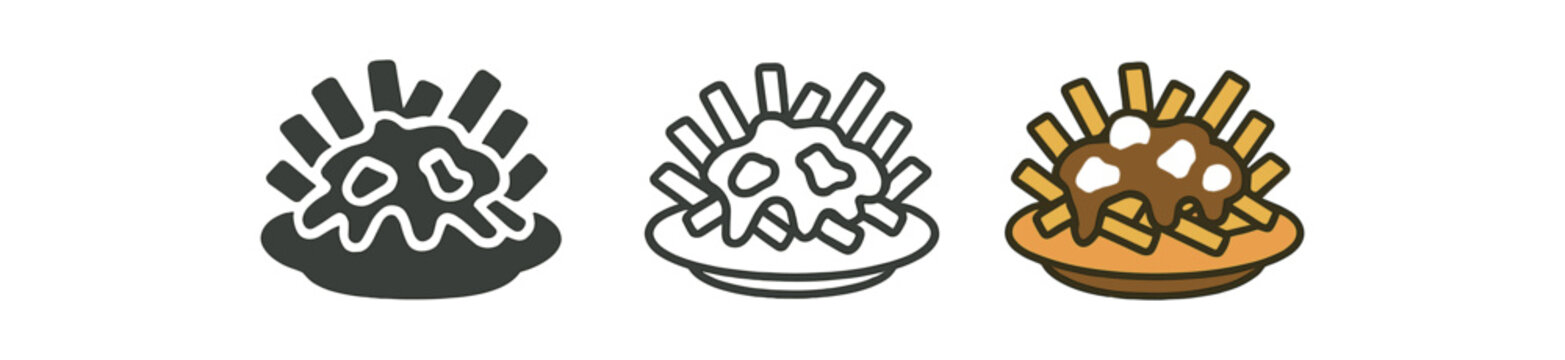 canadian poutine icons three plates with fries gravy and cheese curd shapes one flat solid monochrome one thin black outline black and white one full color flat icon brown and white