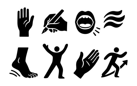 Set of black silhouette icons representing human actions and symbols