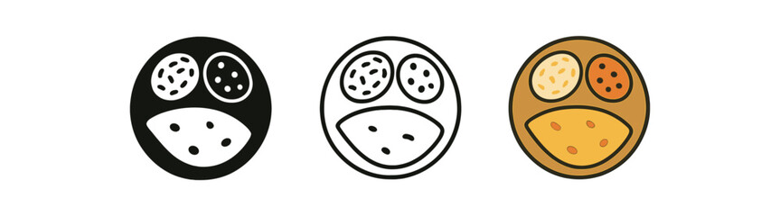 indian thali icons three round plates divided into small curry rice and bread segments one flat solid monochrome one thin black outline black and white one full color flat icon bright spice