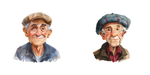 old man wearing breton hat watercolor vector illustration.