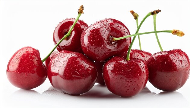 fresh red cherries with raindrops natural high quality food isolated on white background