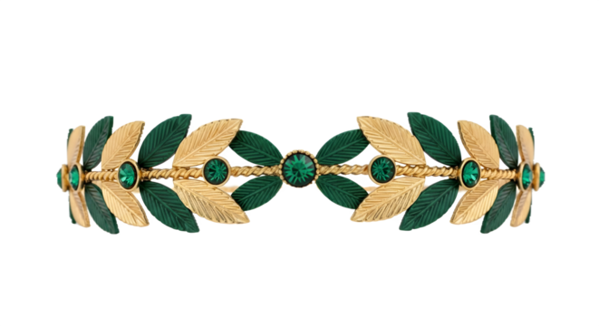 Gold, green wreath sparkles with gemstones. Ornate accessory for jewelry showcase, product photography, branding.