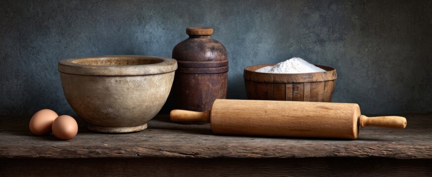 A nostalgic kitchen still life of rolling pin evokes warmth and cherished memories.