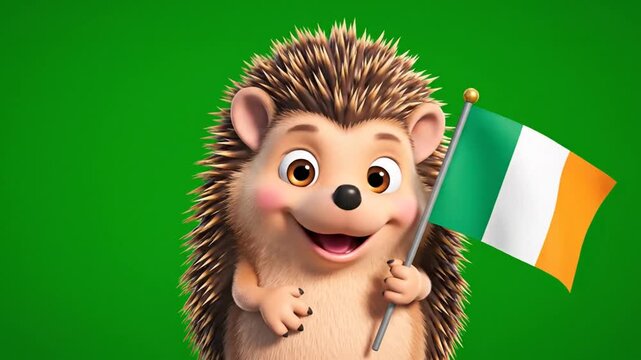 Charming 3D Hedgehog Character Waving Ireland Flag with Green Backdrop