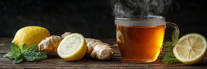 Ginger honey tea with fresh lemon and mint for wellness Generative AI