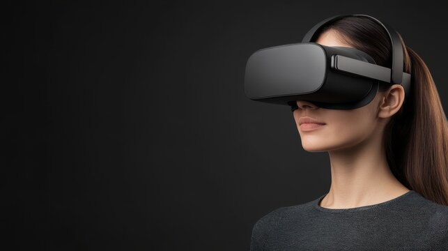 Woman Engaged in Virtual Reality Experience with High-Tech Headset