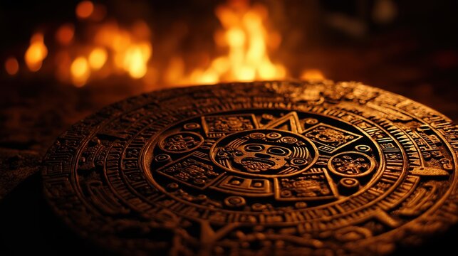 Ancient Aztec Sun Stone Close-Up with Flames - Powered by Adobe