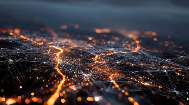 An intricate view of a digital network showcases glowing lines connecting across a dark surface, symbolizing the vast connectivity of information. The bright lines and connections