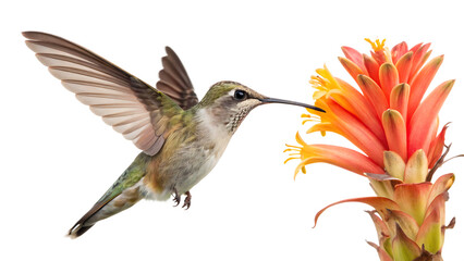 Naklejka premium Hummingbird in flight with flower cut out on PNG isolated. AI generated.