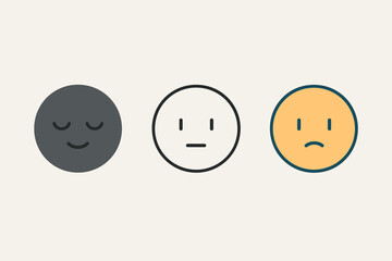 mood circle icons three circle faces with calm neutral and focused expressions one flat solid monochrome one thin black outline black and white one full color flat icon modern UI colors